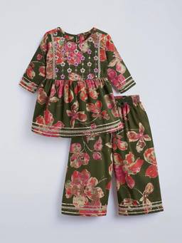 Hopscotch - Green Lace Trim Floral Ethnic Kurta with Palazzo