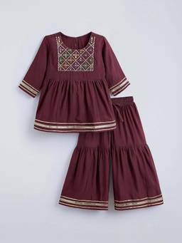 Hopscotch - Purple Lace Trim Floral Ethnic Kurta with Sharara