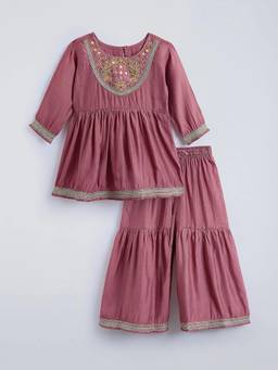 Hopscotch - Pink Lace Trim Floral Ethnic Kurta with Sharara