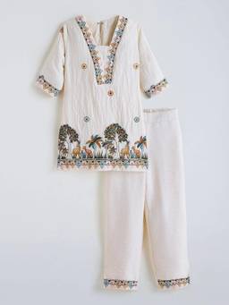 Hopscotch - Tropical Embroidered Kurta with Pajama