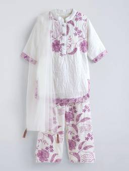 Hopscotch - Purple Floral Embroidered Kurta with Pant & Dupatta