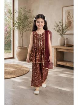 Bella Moda - Girls Maroon Gold Printed Ethnic Peplum Top with Sharara & Dupatta