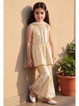 Bella Moda - Girls White Gold Printed Ethnic Peplum Top with Sharara & Dupatta