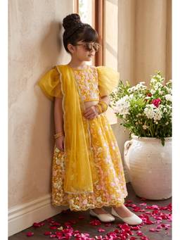 Bella Moda - Girls Yellow Floral Embroidered Lehenga with Choli & Dupatta
