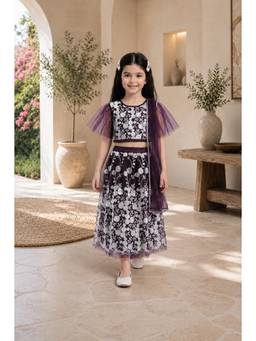 Bella Moda - Girls Purple Floral Embroidered Lehenga with Choli & Dupatta