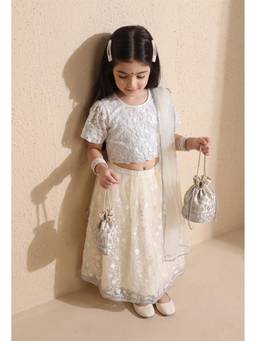 Bella Moda - Girls Cream Floral Embroidered Lehenga & Choli with Dupatta