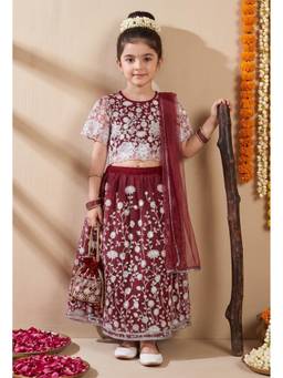 Bella Moda - Girls Maroon Embroidered Lehenga & Choli with Dupatta