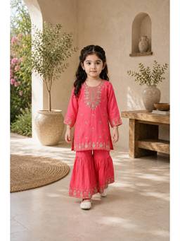Bella Moda - Girls Pink Embroidered Kurta with Sharara