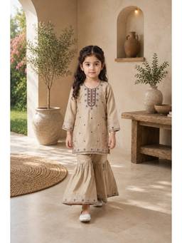 Bella Moda - Girls Beige Embroidered Kurta with Sharara