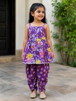 SAKA DESIGNS - Sapna Purple Cotton Woven Sleeveless Floral Print Kurta & Dhoti Pant