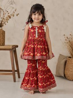 SAKA DESIGNS - Sapna Cotton Woven Sleeveless Floral Print Kurta with Sharara