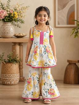 SAKA DESIGNS - Sapna Cotton Woven Sleeveless Floral Print Kurta with Sharara