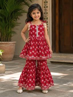 SAKA DESIGNS - Sapna Red Woven Sleeveless Floral Print Kurta with Sharara