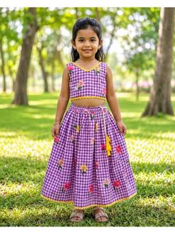 SAKA DESIGNS - Purple Sapna Organza Woven Sleeveless Gingham Printed Lehenga & Choli