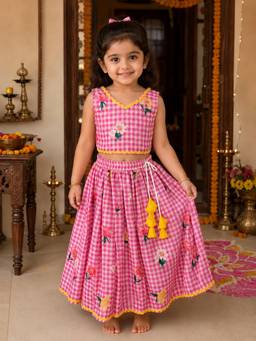 SAKA DESIGNS - Pink Sapna Organza Woven Gingham Printed Lehenga & Choli