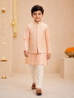 Vastramay - Peach Silk Blend Embroidered Knee Length Kurta, Pyjama and Jacket