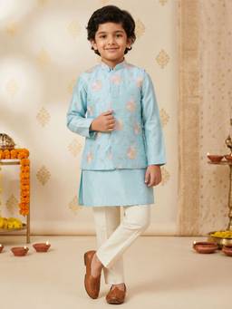 Vastramay - Aqua Silk Blend Embroidered Knee Length Kurta, Pyjama and Jacket