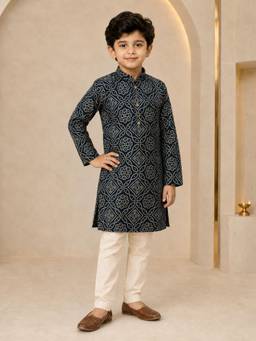 Vastramay - Navy Blue Rayon Geometric Print Knee Length Kurta and Pyjama