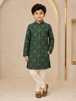 Vastramay - Bottle Green Rayon Geometric Print Knee Length Kurta and Pyjama