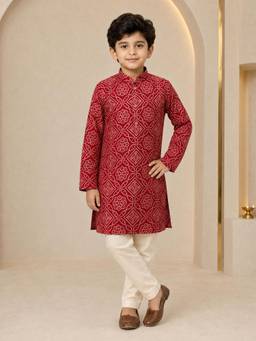 Vastramay - Red Rayon Geometric Print Knee Length Kurta and Pyjama