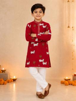 Vastramay - Maroon Cotton Printed Knee Length Kurta and Pyjama