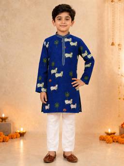 Vastramay - Navy Blue Cotton Printed Knee Length Kurta and Pyjama