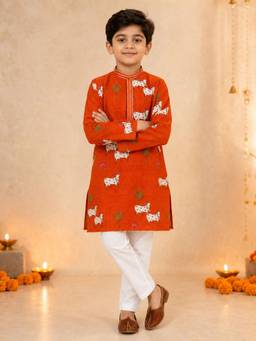 Vastramay - Orange Cotton Printed Knee Length Kurta and Pyjama