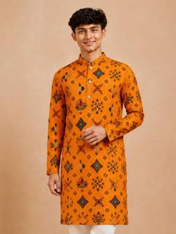 Vastramay - Mustard Rayon Geometric Print Knee Length Kurta