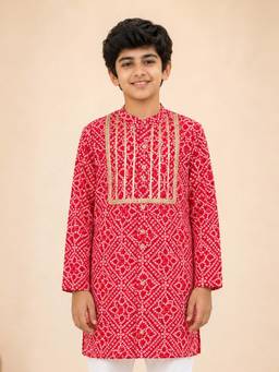 Vastramay - Red Cotton Digital Print Knee Length Kurta