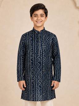 Vastramay - Navy Blue Rayon Digital Print Knee Length Kurta