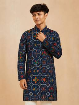 Vastramay - Navy Blue Rayon Printed Knee Length Kurta
