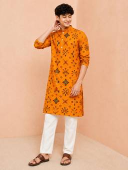Vastramay - Mustard Rayon Geometric Print Knee Length Kurta and Pyjama