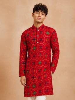 Vastramay - Red Rayon Geometric Print Knee Length Kurta