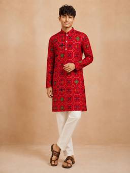 Vastramay - Red Rayon Geometric Print Knee Length Kurta and Pyjama