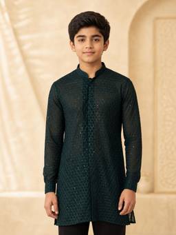 Vastramay - Navy Blue Georgette Embroidered Thigh Length Kurta