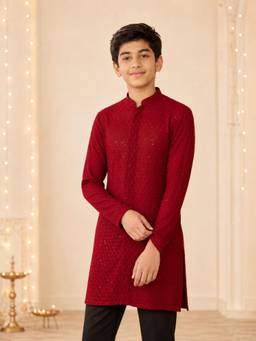 Vastramay - Maroon Georgette Embroidered Thigh Length Kurta