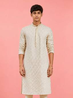 Vastramay - Off White Rayon Embroidered Knee Length Kurta