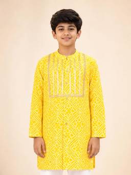 Vastramay - Yellow Cotton Digital Print Knee Length Kurta