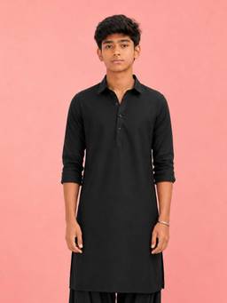 Vastramay - Black Satin Solid Knee Length Kurta