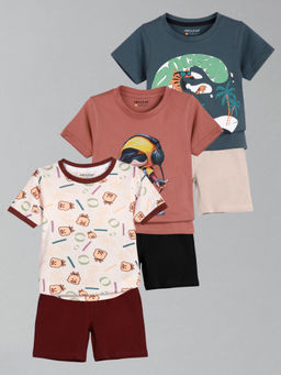 HELLCAT - Boys White Pink & Navy Blue Printed T-shirts and Shorts (Set of 3)