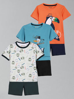 HELLCAT - Boys White Blue & Orange Printed T-shirts and Shorts (Set of 3)