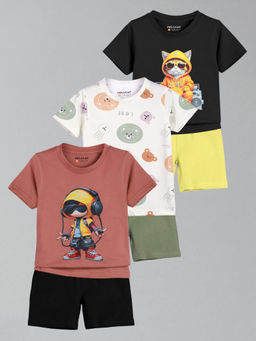 HELLCAT - Boys White Pink & Black Printed T-shirts and Shorts (Set of 3)