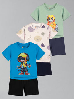 HELLCAT - Boys White Blue & Green Printed T-shirts and Shorts (Set of 3)