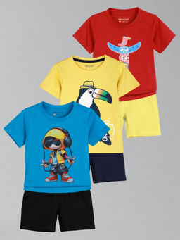 HELLCAT - Boys Blue Yellow & Red Printed T-shirts and Shorts (Set of 3)