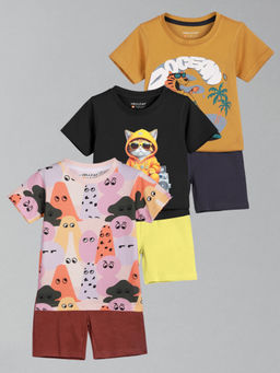 HELLCAT - Boys Multi-Color Black & Mustard Printed T-shirts and Shorts (Set of 3)