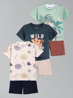 HELLCAT - Boys White Navy Blue & Green Printed T-shirts and Shorts (Set of 3)