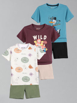 HELLCAT - Boys White Wine & Blue Printed T-shirts and Shorts (Set of 3)