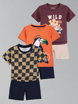 HELLCAT - Boys Multi-Color Orange & Wine Printed T-shirts and Shorts (Set of 3)