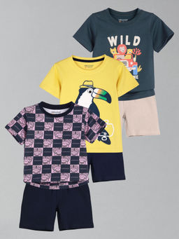 HELLCAT - Boys Multi-Color Yellow & Navy Blue Printed T-shirts and Shorts (Set of 3)