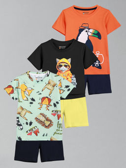 HELLCAT - Boys Green Black & Orange Printed T-shirts and Shorts (Set of 3)